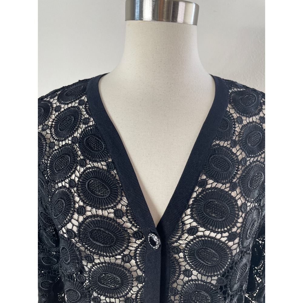 Exclusively Misook Petite Small Black Crochet Cardigan Rhinestone Button Jacket - Picture 2 of 9